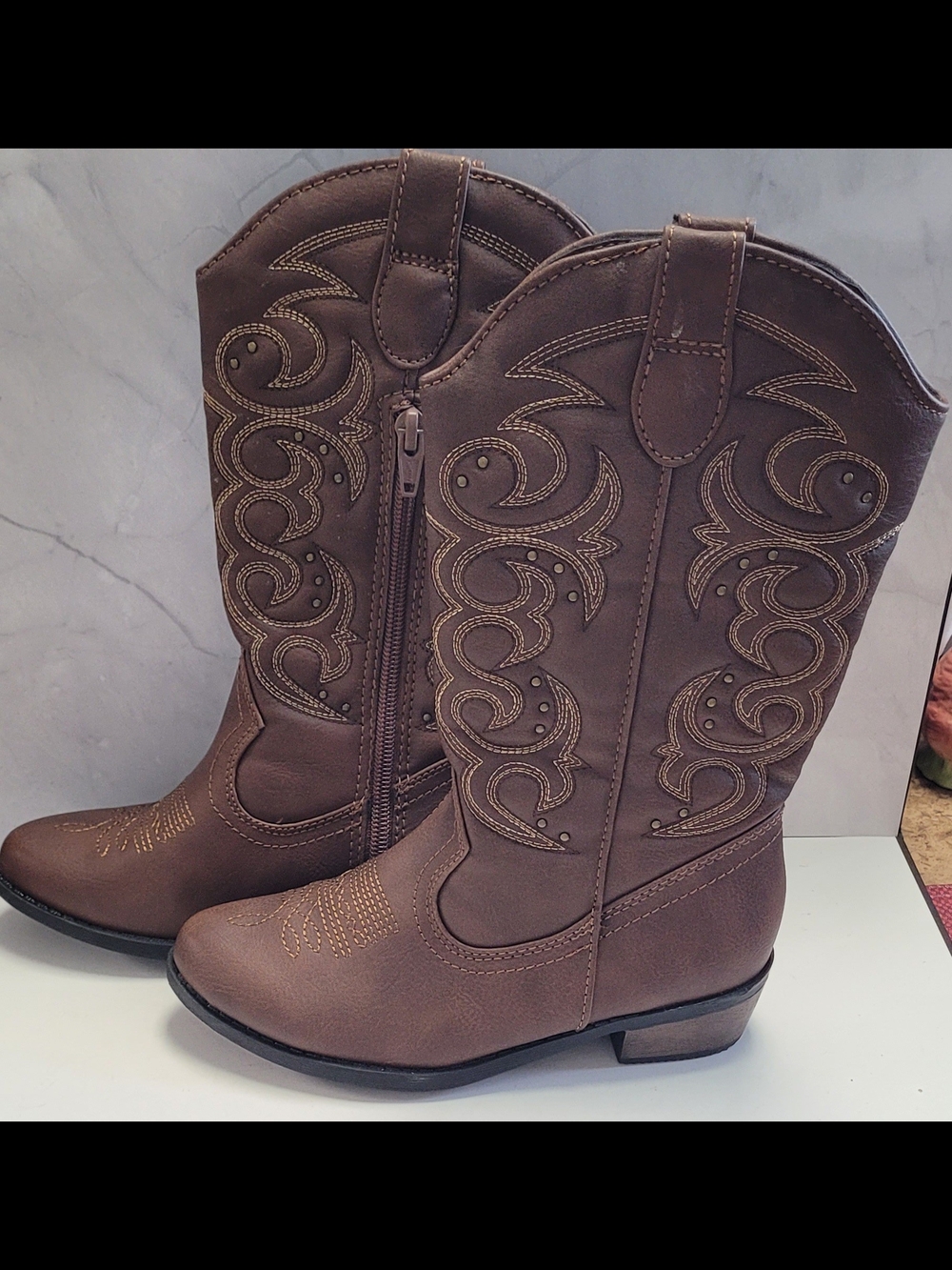 Kids Brown Faux Leather Cowboy Boots